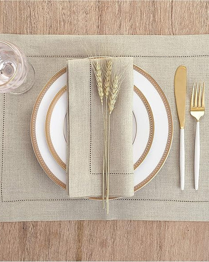 Solino Home Linen Placemats Set of 4 - Classic Hemstitch Natural Placemats 14 x 19 Inch - 100% Pure Linen Table Mats for Christmas, Holiday, New Year