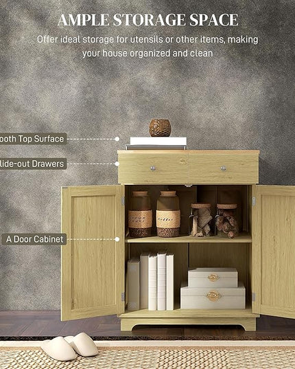 HOMCOM Sideboard with Solid Wood Countertop, Modern Kitchen Storage Cabinet, Coffee Bar Cabinet with 2 Drawers, Doors and Adjustable Shelf, Natural Rattan