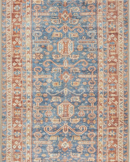 GLN Rugs Traditional Collection - Machine Washable Area Rug, Traditional Washable, Non Slip, Low Pile Chenille Rug, Living Room, Bedroom, Kitchen Rug (2'6"x7' Terra and Blue)
