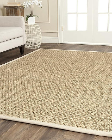 SAFAVIEH Area Rug 9' Square - Natural Fiber Collection - Natural & Ivory, Seagrass, Basketweave Pattern with Border (NF114J)