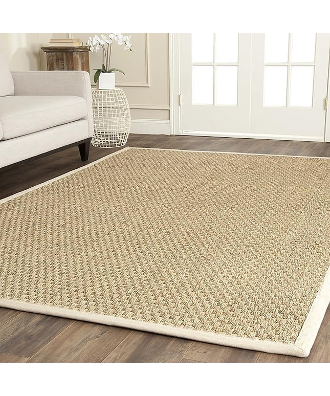 SAFAVIEH Area Rug 9' Square - Natural Fiber Collection - Natural & Ivory, Seagrass, Basketweave Pattern with Border (NF114J)