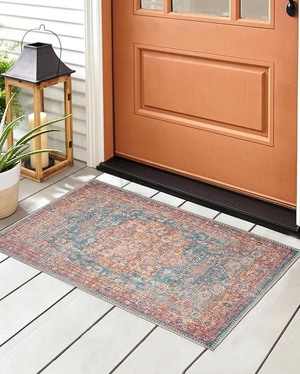 GLN Rugs Traditional Collection - Machine Washable Area Rug, Traditional Washable, Non Slip, Low Pile Chenille Rug, Living Room, Bedroom, Kitchen Rug (2'x3' Terra/Green)