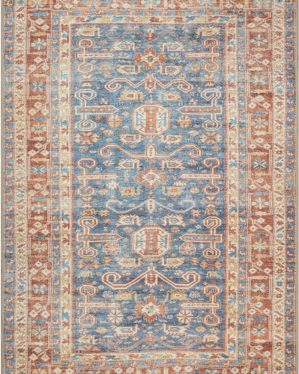 GLN Rugs Traditional Collection - Machine Washable Area Rug, Traditional Washable, Non Slip, Low Pile Chenille Rug, Living Room, Bedroom, Kitchen Rug (9'x12' Terra and Blue)