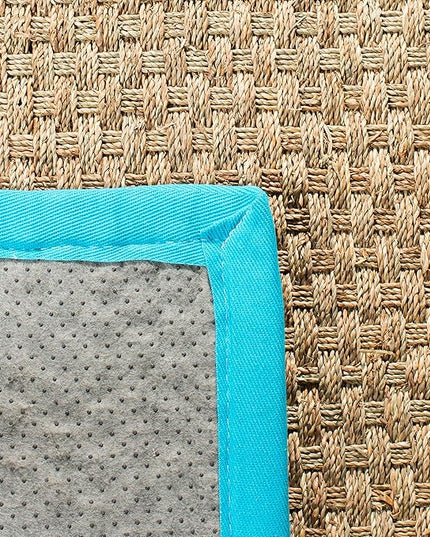 SAFAVIEH Area Rug 6' Square - Natural Fiber Collection - Natural & Turquoise, Seagrass, Basketweave Pattern with Border (NF114S)