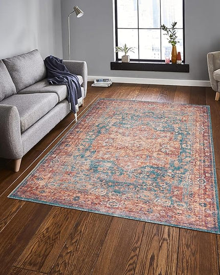 GLN Rugs Traditional Collection - Machine Washable Area Rug, Traditional Washable, Non Slip, Low Pile Chenille Rug, Living Room, Bedroom, Kitchen Rug (3'x5' Terra/Green)