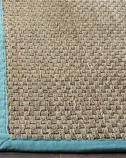 SAFAVIEH Area Rug 8x10 - Natural Fiber Collection - Large - Natural & Teal, Seagrass, Basketweave Pattern (NF114R)
