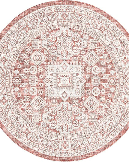 Rugs.com Outdoor Aztec Collection Rug – 5 Ft Round Rust Red Flatweave Rug Perfect for Kitchens, Dining Rooms