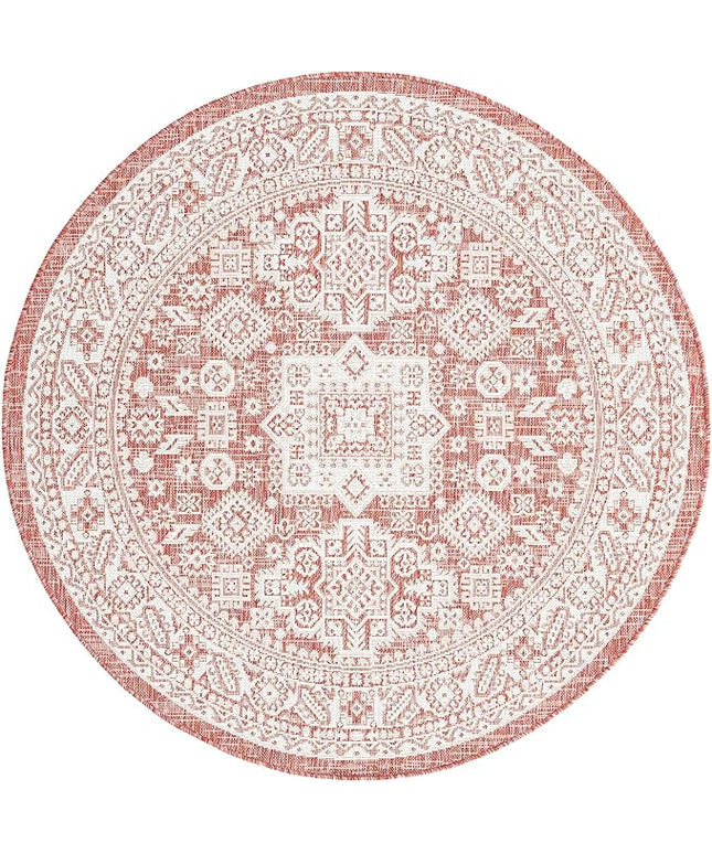Rugs.com Outdoor Aztec Collection Rug – 5 Ft Round Rust Red Flatweave Rug Perfect for Kitchens, Dining Rooms