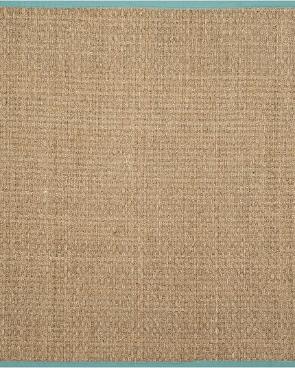 SAFAVIEH Area Rug 4' Square - Natural Fiber Collection - Natural & Teal, Seagrass, Basketweave Pattern with Border (NF114R)