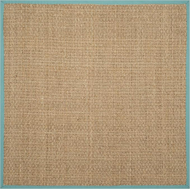 SAFAVIEH Area Rug 4' Square - Natural Fiber Collection - Natural & Teal, Seagrass, Basketweave Pattern with Border (NF114R)