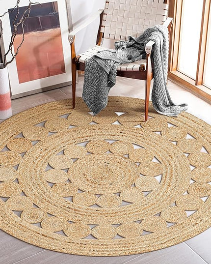 Hand Woven Jute Area Rug - 6' Round - Rustic Beige Reversible Farmhouse Rugs for Bedroom, Kitchen, Living Room - Vintage Natural Braided Entry Floor Décor Circle Boho Round Jute Rug 6 Foot