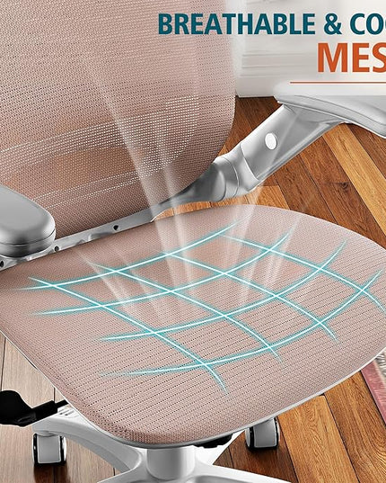 GABRYLLY Ergonomic Office Chair, High Back Home Desk Chair with Headrest, Flip-Up Arms, 90-120° Tilt Lock and Wide Cushion, 400LBS Mesh Chairs for Man Woman, White Task Chair(Pink,GY01WPK)
