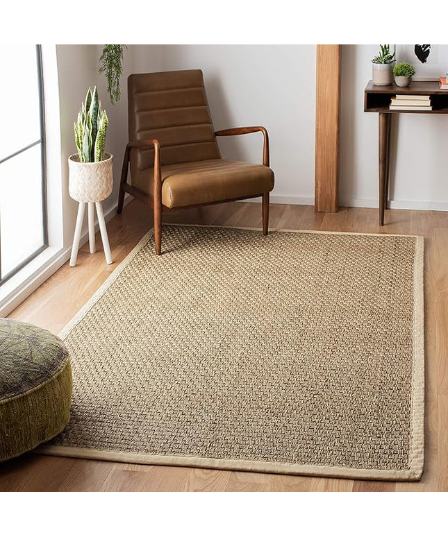 SAFAVIEH Area Rug 4x6 - Natural Fiber Collection - Natural & Ivory, Seagrass, Basketweave Pattern with Border (NF114J)