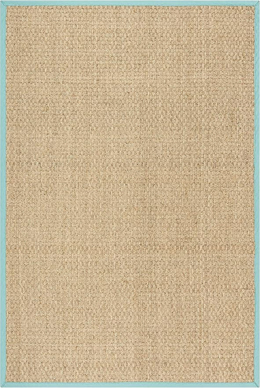 SAFAVIEH Area Rug 4x6 - Natural Fiber Collection - Natural & Teal, Seagrass, Basketweave Pattern with Border (NF114R)