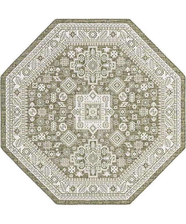 Rugs.com Outdoor Aztec Collection Rug – 8 Ft Octagon Green Flatweave Rug Perfect for Living Rooms, Kitchens, Entryways