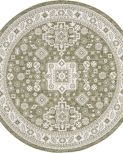 Rugs.com Outdoor Aztec Collection Rug – 10 Ft Round Green Flatweave Rug Perfect for Kitchens, Dining Rooms