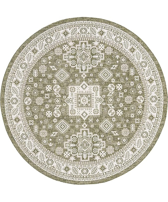 Rugs.com Outdoor Aztec Collection Rug – 10 Ft Round Green Flatweave Rug Perfect for Kitchens, Dining Rooms