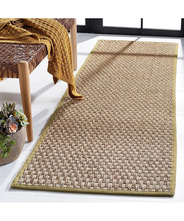 SAFAVIEH Natural Fiber Collection Runner Rug - 2'6" x 8', Natural & Olive Green, Seagrass, Basketweave Pattern with Border (NF114G)