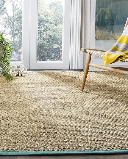 SAFAVIEH Area Rug 9x12 - Natural Fiber Collection - Large - Natural & Teal, Seagrass, Basketweave Pattern with Border (NF114R)