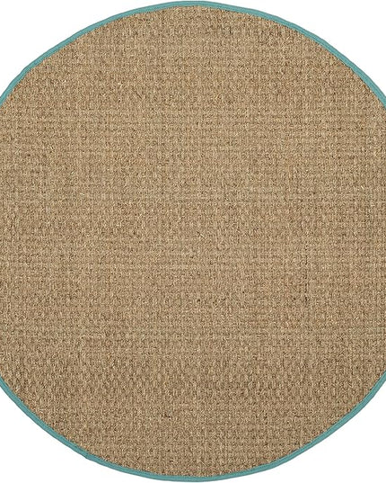 SAFAVIEH Area Rug 8' Round - Natural Fiber Collection - Natural & Teal, Seagrass, Basketweave Pattern with Border (NF114R)