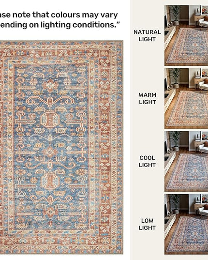 GLN Rugs Traditional Collection - Machine Washable Area Rug, Traditional Washable, Non Slip, Low Pile Chenille Rug, Living Room, Bedroom, Kitchen Rug (9'x12' Terra and Blue)