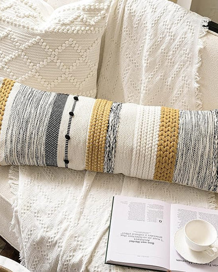 BlissBlush Decorative Lumbar Throw Pillow Cover 14x36 Boho Long Cushion for Bed Yellow Mustard Accent Farmhouse Pillowcase for Bedroom Living Room Couch Sofa Home Décor Cover ONLY