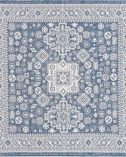 Rugs.com Outdoor Aztec Collection Rug – 10 Ft Square Blue Flatweave Rug Perfect for Living Rooms, Kitchens, Entryways