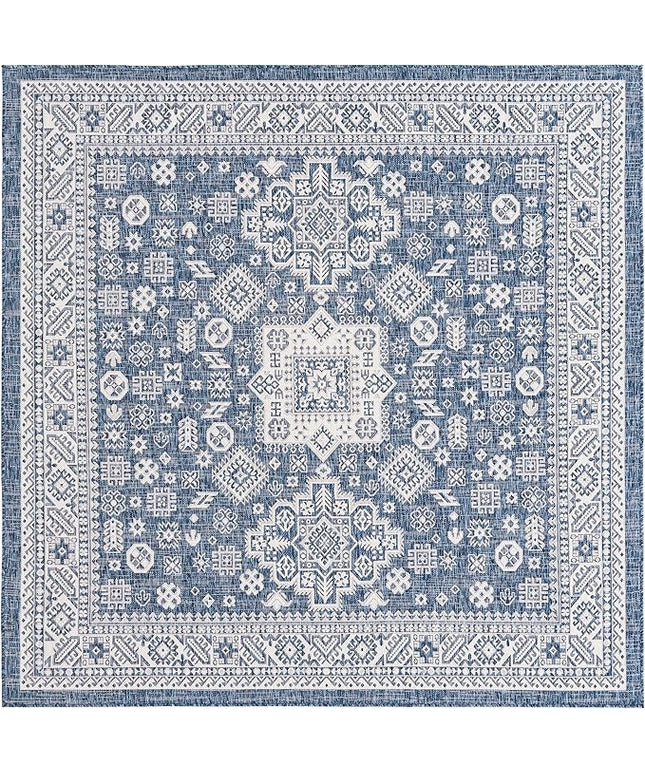 Rugs.com Outdoor Aztec Collection Rug – 10 Ft Square Blue Flatweave Rug Perfect for Living Rooms, Kitchens, Entryways