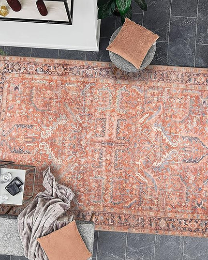 GLN Rugs Traditional Collection - Machine Washable Area Rug, Traditional Washable, Non Slip, Low Pile Chenille Rug, Living Room, Bedroom, Kitchen Rug (6'x9' Terra Cotta)