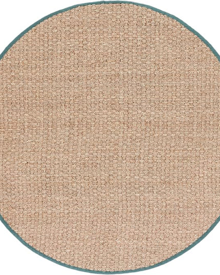 SAFAVIEH Area Rug 6' Round - Natural Fiber Collection - Natural & Light Blue, Seagrass, Basketweave Pattern with Border (NF114M)