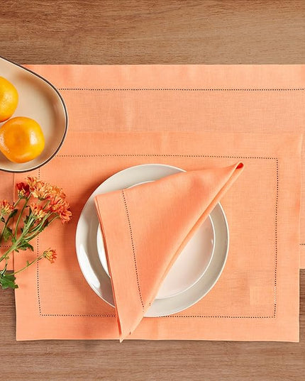 Solino Home Linen Cloth Placemats Set of 4-100% Pure Linen Hemstitch Coral Placemats 14 x 19 Inch - Classic Hemstitch Table Place Mats