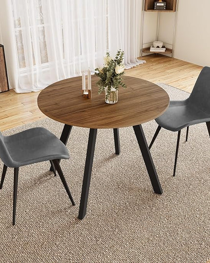 34.6'' Dining Table and Chairs for 2, Mid Century Modern Round Table Set, Space Saving for Apartment Kitchen Dining Room (Walnut Table+2 Grey Chairs)