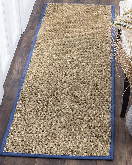 SAFAVIEH Natural Fiber Collection Runner Rug - 2'6" x 16', Natural & Navy, Seagrass, Basketweave Pattern with Border (NF114T)
