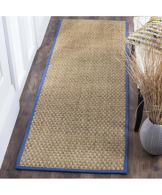 SAFAVIEH Natural Fiber Collection Runner Rug - 2'6" x 16', Natural & Navy, Seagrass, Basketweave Pattern with Border (NF114T)