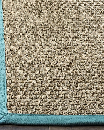 SAFAVIEH Area Rug 6x9 - Natural Fiber Collection - Natural & Teal, Seagrass, Basketweave Pattern with Border (NF114R)
