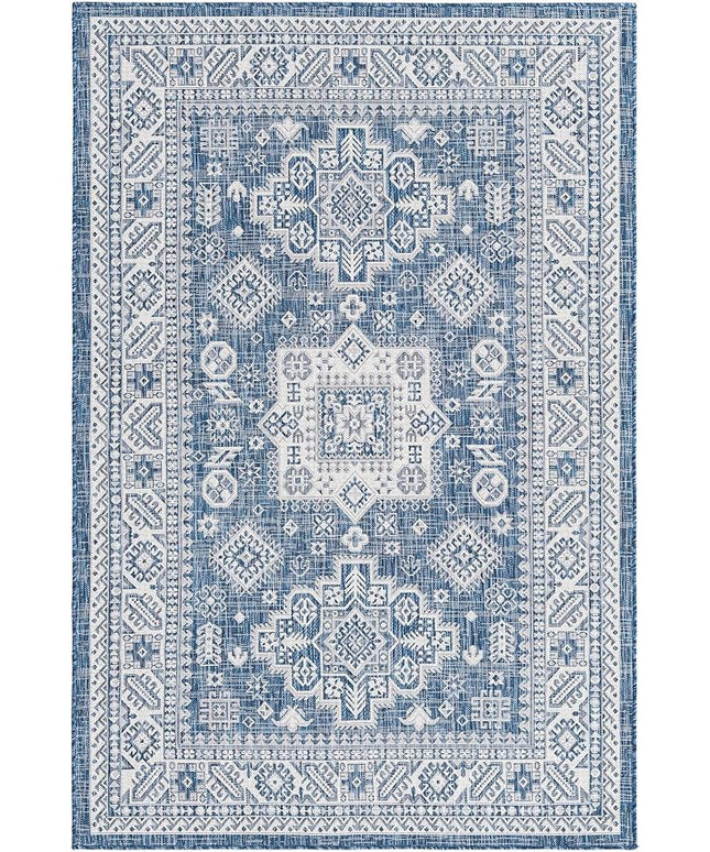 Rugs.com Outdoor Aztec Collection Rug – 5' x 8' Blue Flatweave Rug Perfect for Living Rooms, Large Dining Rooms, Open Floorplans
