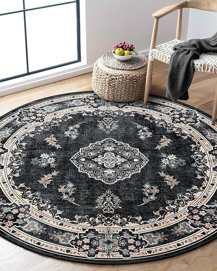 MUJOO Black Round Rug 4ft,Circle Washable Area Rugs for Bedroom Living Room Bathroom,Vintage Bohemian Distressed Farmhouse Non Slip Circular Carpet,Floral