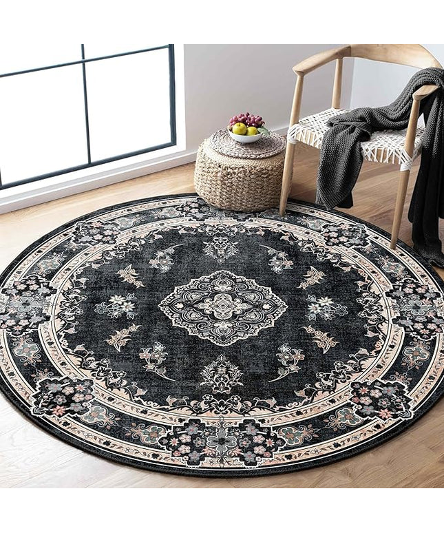 MUJOO Black Round Rug 4ft,Circle Washable Area Rugs for Bedroom Living Room Bathroom,Vintage Bohemian Distressed Farmhouse Non Slip Circular Carpet,Floral