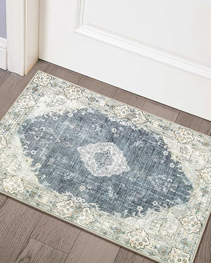 MUJOO Blue Grey Area Rug Small Rugs Boho Machine Washable Rugs Non Slip for Entryway Kitchen Bathroom Bedroom Vintage Soft Low-Pile 2'x3' Flowers
