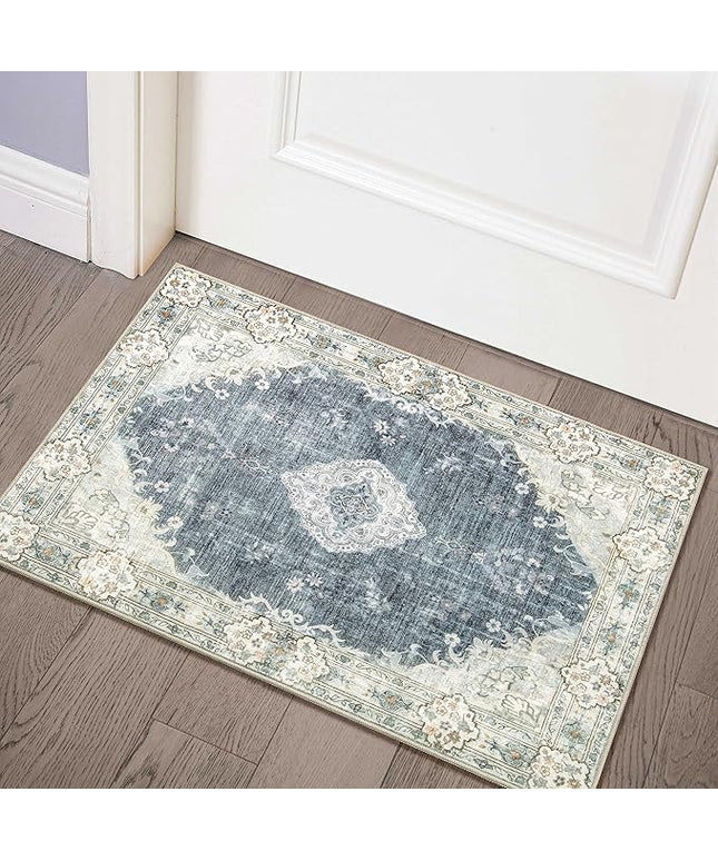 MUJOO Blue Grey Area Rug Small Rugs Boho Machine Washable Rugs Non Slip for Entryway Kitchen Bathroom Bedroom Vintage Soft Low-Pile 2'x3' Flowers