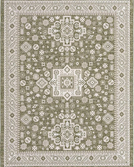 Rugs.com Outdoor Aztec Collection Rug – 10' x 13' Green Flatweave Rug Perfect for Living Rooms, Large Dining Rooms, Open Floorplans
