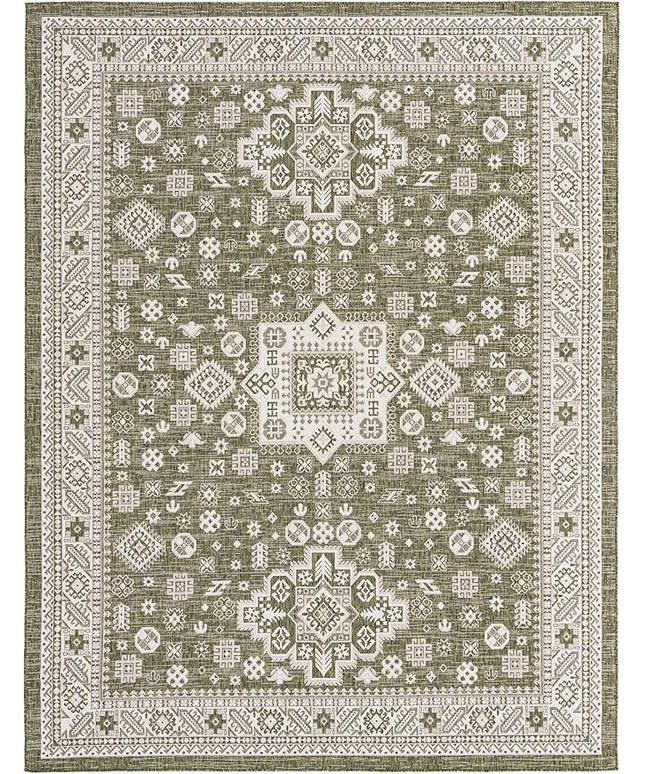 Rugs.com Outdoor Aztec Collection Rug – 10' x 13' Green Flatweave Rug Perfect for Living Rooms, Large Dining Rooms, Open Floorplans
