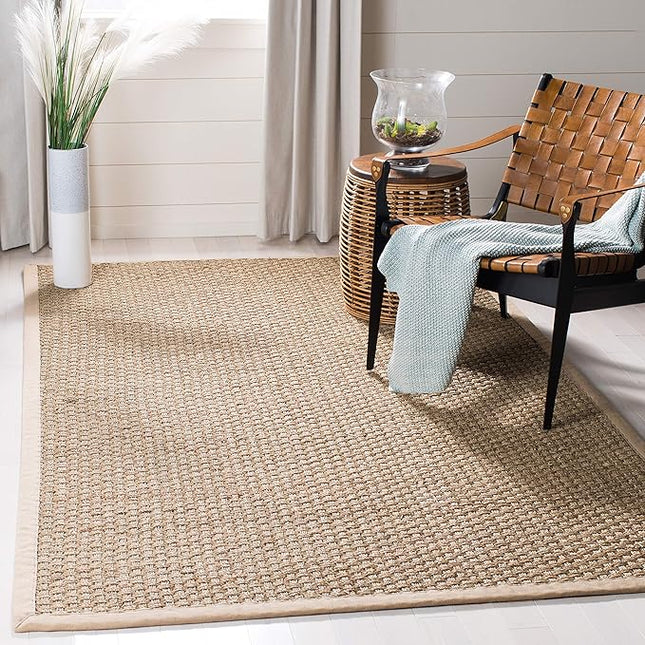 SAFAVIEH Area Rug 11' Square - Natural Fiber Collection - Large - Natural & Beige, Seagrass, Basketweave Pattern with Border (NF114A)