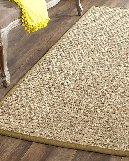 SAFAVIEH Natural Fiber Collection Runner Rug - 2'6" x 16', Natural & Olive Green, Seagrass, Basketweave Pattern with Border (NF114G)