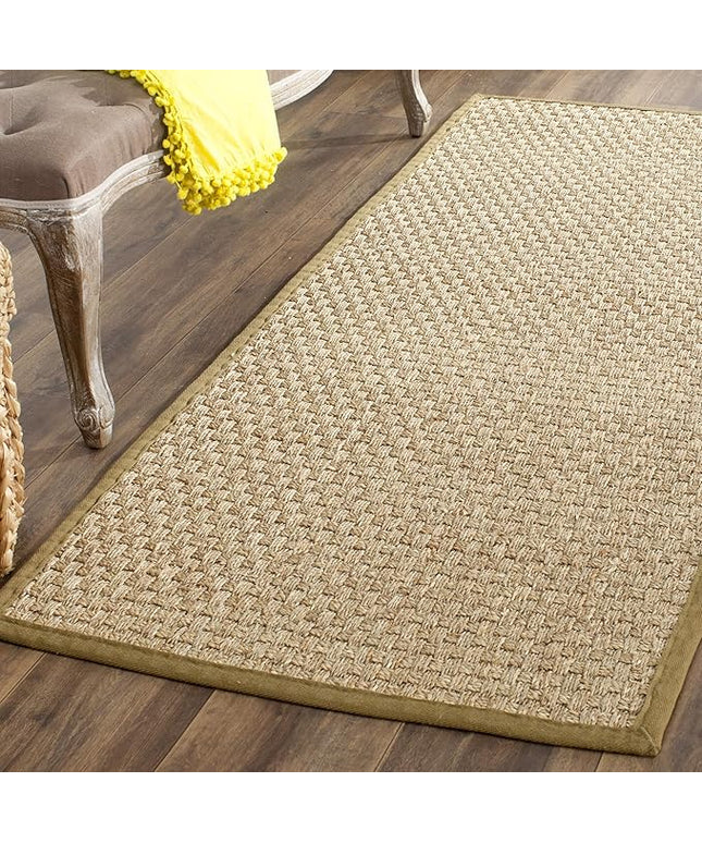 SAFAVIEH Natural Fiber Collection Runner Rug - 2'6" x 16', Natural & Olive Green, Seagrass, Basketweave Pattern with Border (NF114G)