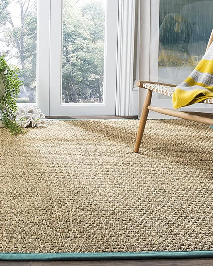 SAFAVIEH Area Rug 8x10 - Natural Fiber Collection - Large - Natural & Turquoise, Seagrass, Basketweave Pattern (NF114S)
