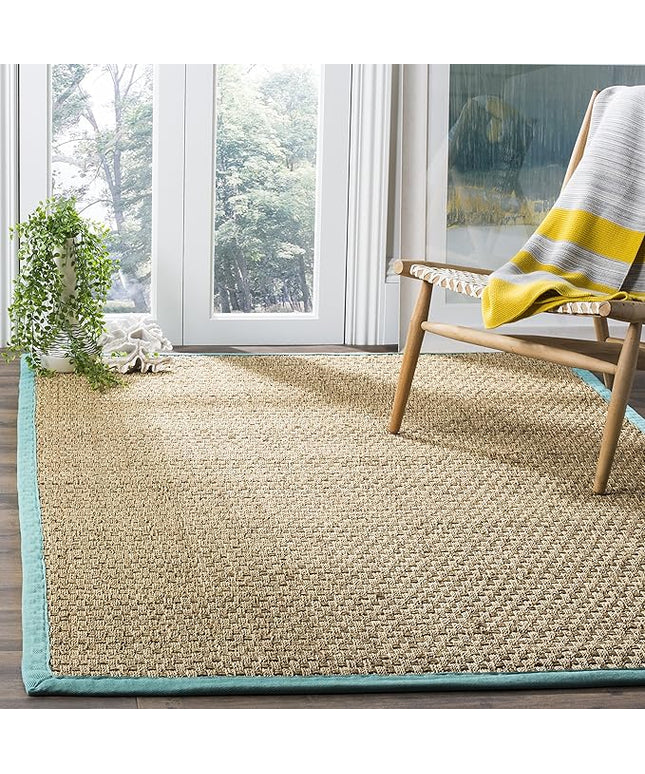 SAFAVIEH Area Rug 4x6 - Natural Fiber Collection - Natural & Teal, Seagrass, Basketweave Pattern with Border (NF114R)