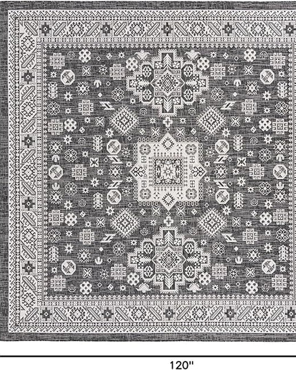 Rugs.com Outdoor Aztec Collection Rug – 10 Ft Square Charcoal Gray Flatweave Rug Perfect for Living Rooms, Kitchens, Entryways