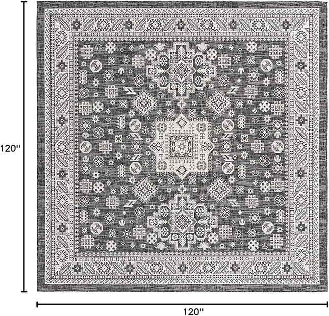 Rugs.com Outdoor Aztec Collection Rug – 10 Ft Square Charcoal Gray Flatweave Rug Perfect for Living Rooms, Kitchens, Entryways