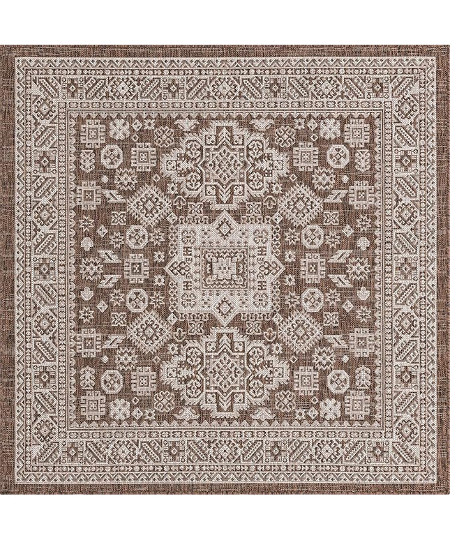 Rugs.com Outdoor Aztec Collection Rug – 5 Ft Square Brown Flatweave Rug Perfect for Living Rooms, Kitchens, Entryways